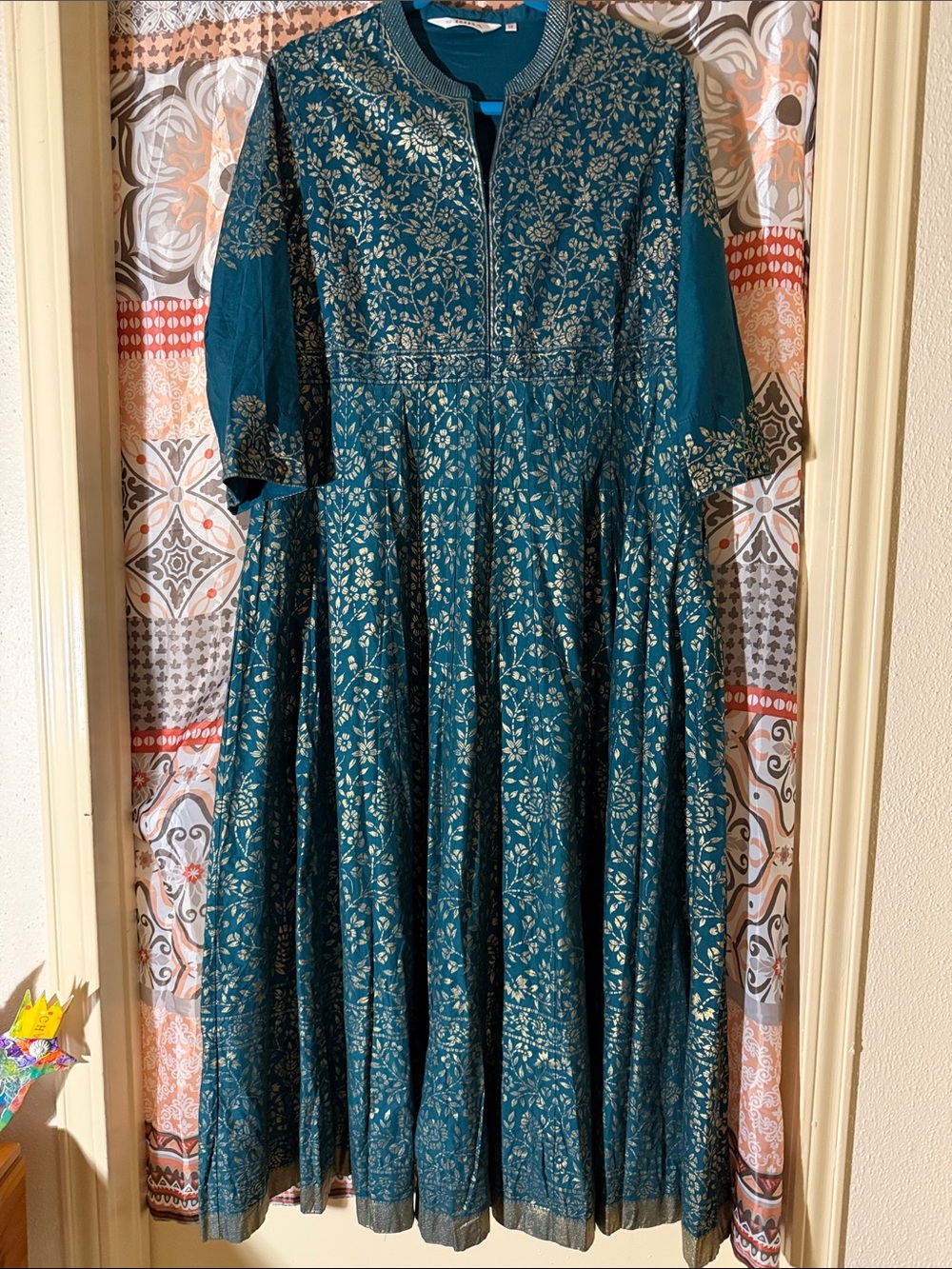 RENFEST - Maxi 100% Cotton Dress by BIBA - Teal and Gold - size 39 - EUC!!!